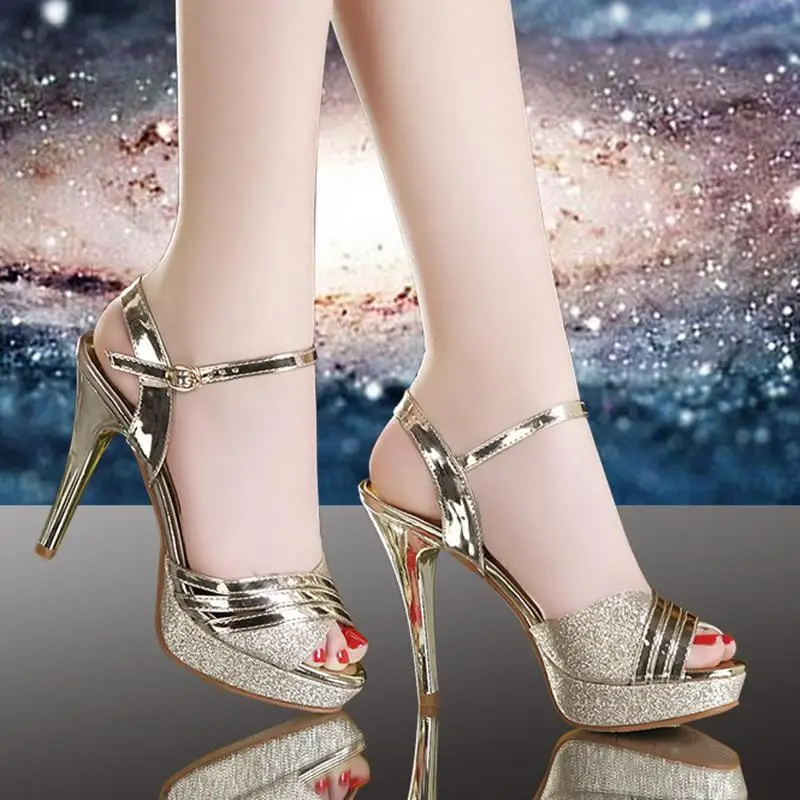 

Golden Bright Leather Fish Mouth Sequins Thin Heels Sandals Classic Fashion Buckle Strap Non-Slip Designer Elegant Women's Shoes