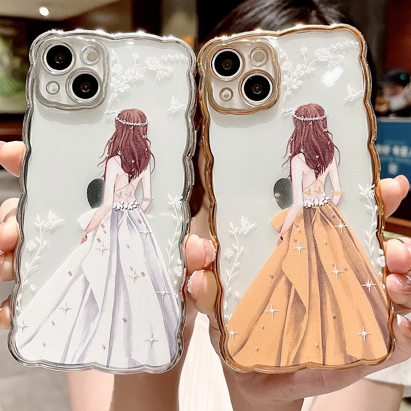 

Cute Back Goddess Case For iPhone 13 11 12 Pro XS Max XR X Max 7 8Plus Transparent Clear Plating Wave Pattern Soft Silicone Case