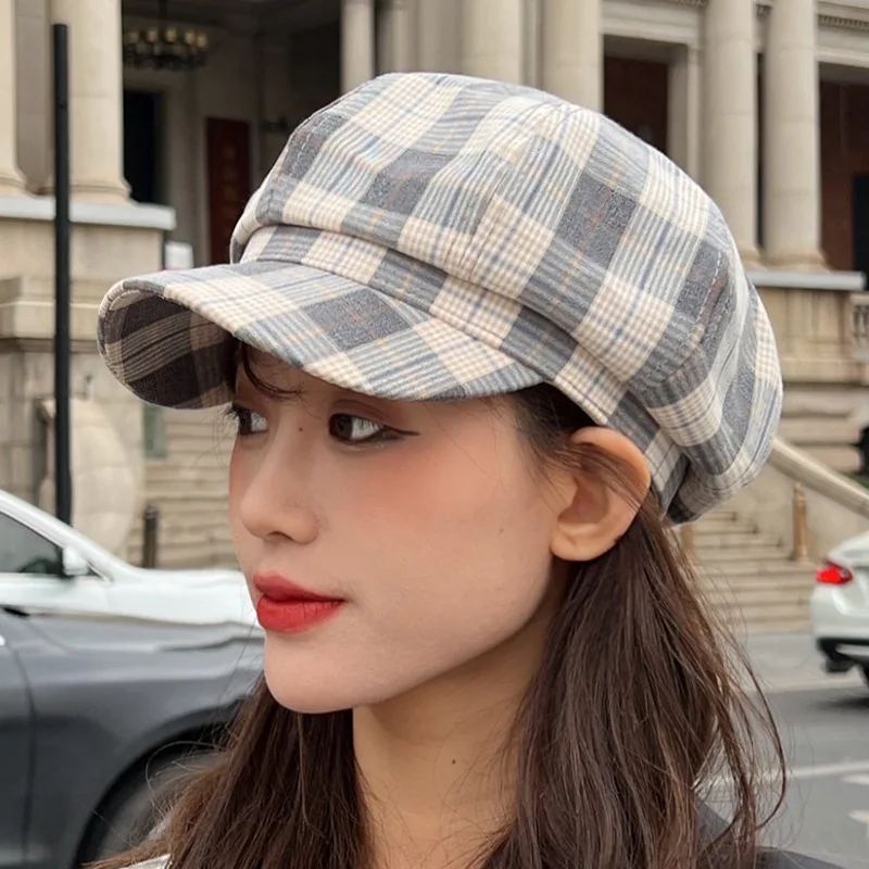 

Spring Autumn Women Hat Vintage Fashion Plaid Stripes Octagonal Newsboy Beret Cap New Japan Female Flat Cap Artist Painter Hat