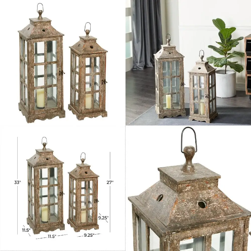 

Set of 2 Brown Wood Lighthouse Style Candle Lantern Holders