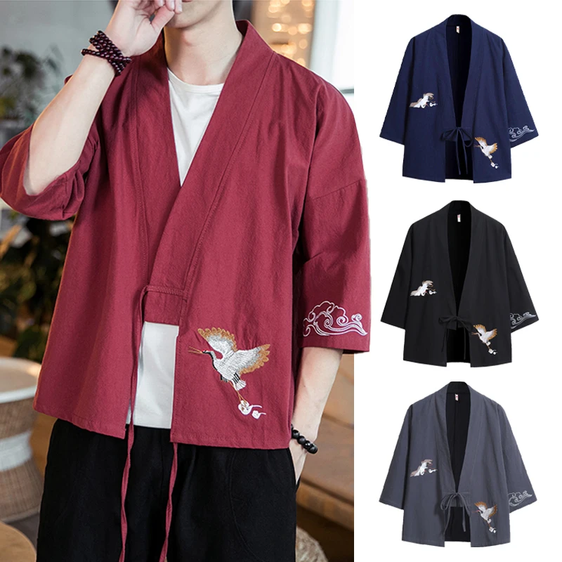Mens Solid Kimono Jacket Loose Fit Japanese Style 3/4 Sleeve Open Front Kimono Cardigan Coat Tops with Lacing Auspicious Clouds
