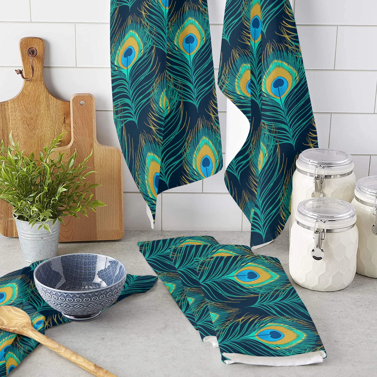 Peacock Feather Cyan Kitchen Towel Bathroom Hand Towel Kitchen Dishcloth Water Absorption Household Cleaning Cloth