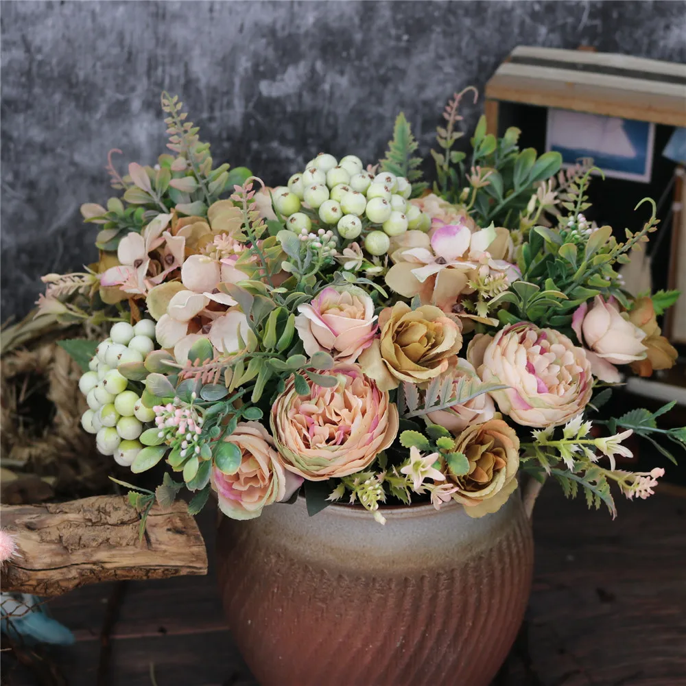 

Retro Artificial Rose Peony Flowers Bouquet Vintage Fake Silk Hydrangea Hybrid Flower for Home Wedding Decoration Party Decor