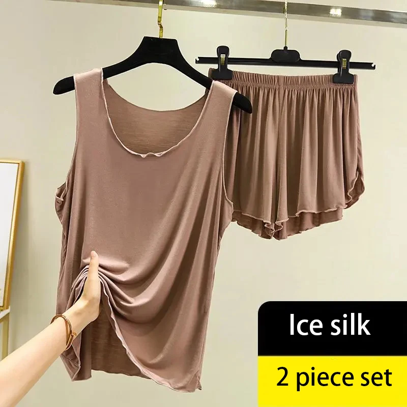 New vest shorts ice silk ladies pajamas summer thin large size suit bottoming home leisure round neck solid color two-piece suit