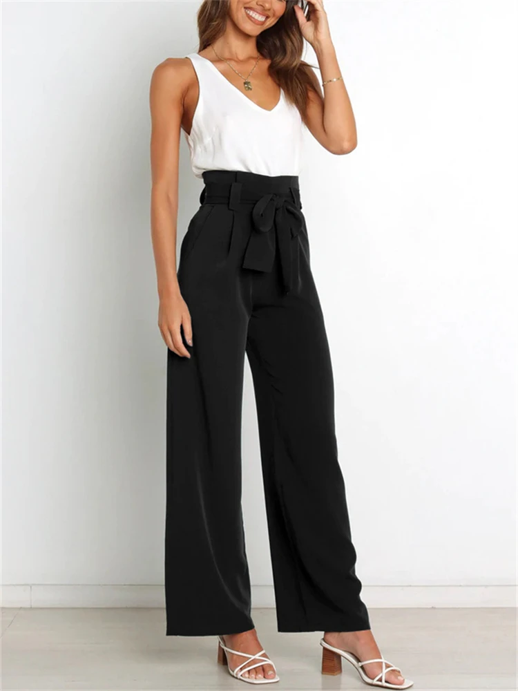 

Elegant Office Lady Long Pants Fashion Women High Waist Wide Leg Trousers With Belted Casual Solid Work Pantalon Loose Palazzo