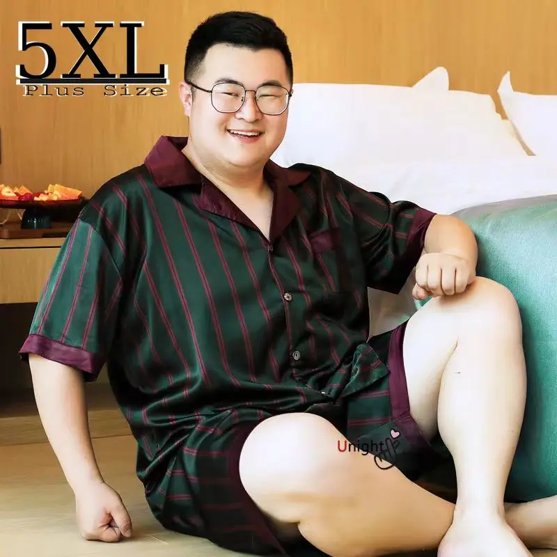 Домашняя мужская клетчатая короткая пижама в полоску, большие размеры 4XL, пижама для сна, шелковые атласные топы, одежда для сна, летняя одеж...