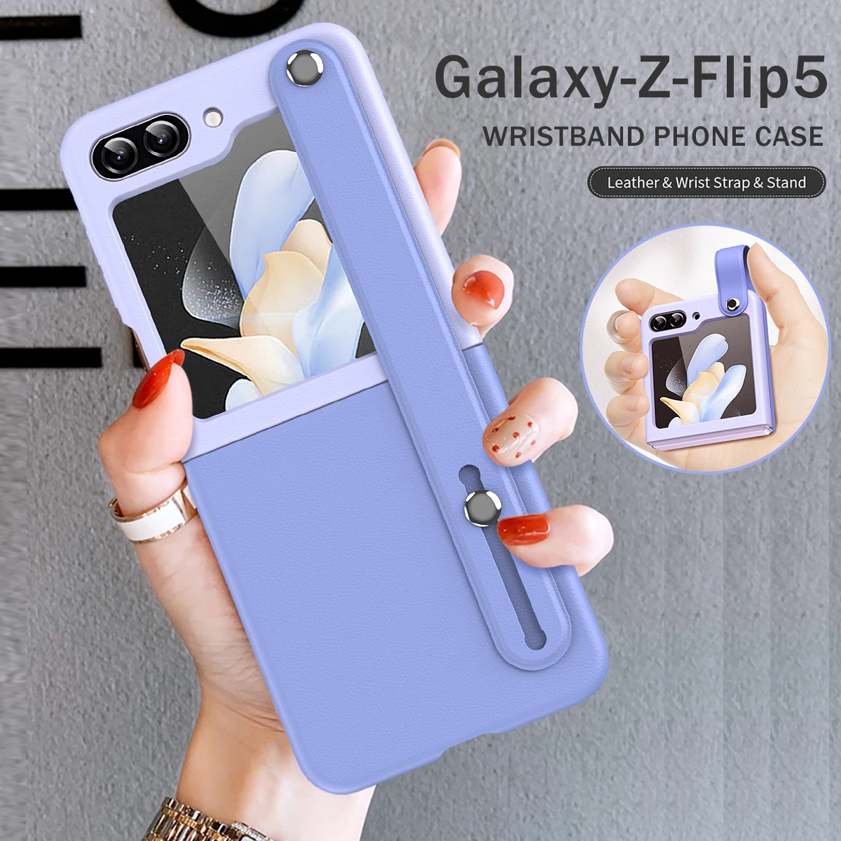 

Samung Flip 5 Case Contrasting Colors Wrist Strap Stand Leather Cover For Samsung Galaxy Z Flip5 5G Shockproof Coque ZFlip5 2023