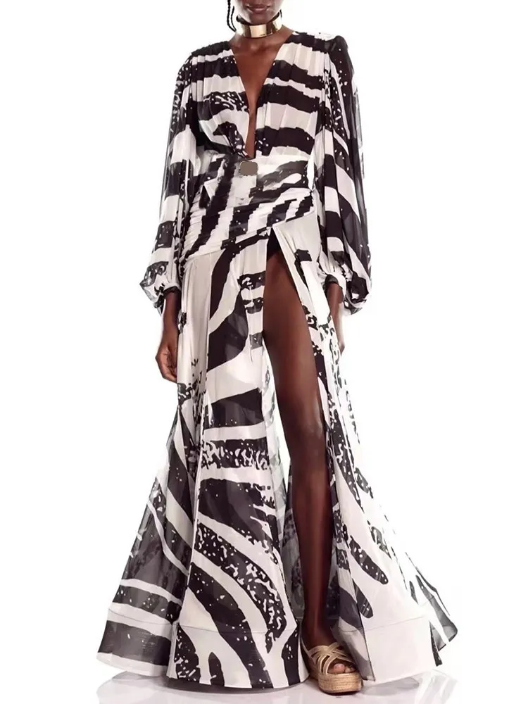 

VGH Zebra Stripes Split Elegant Dress For Women Deep V Neck Lantern Sleeve High Waist Temperament Folds Dresses Female Fashion