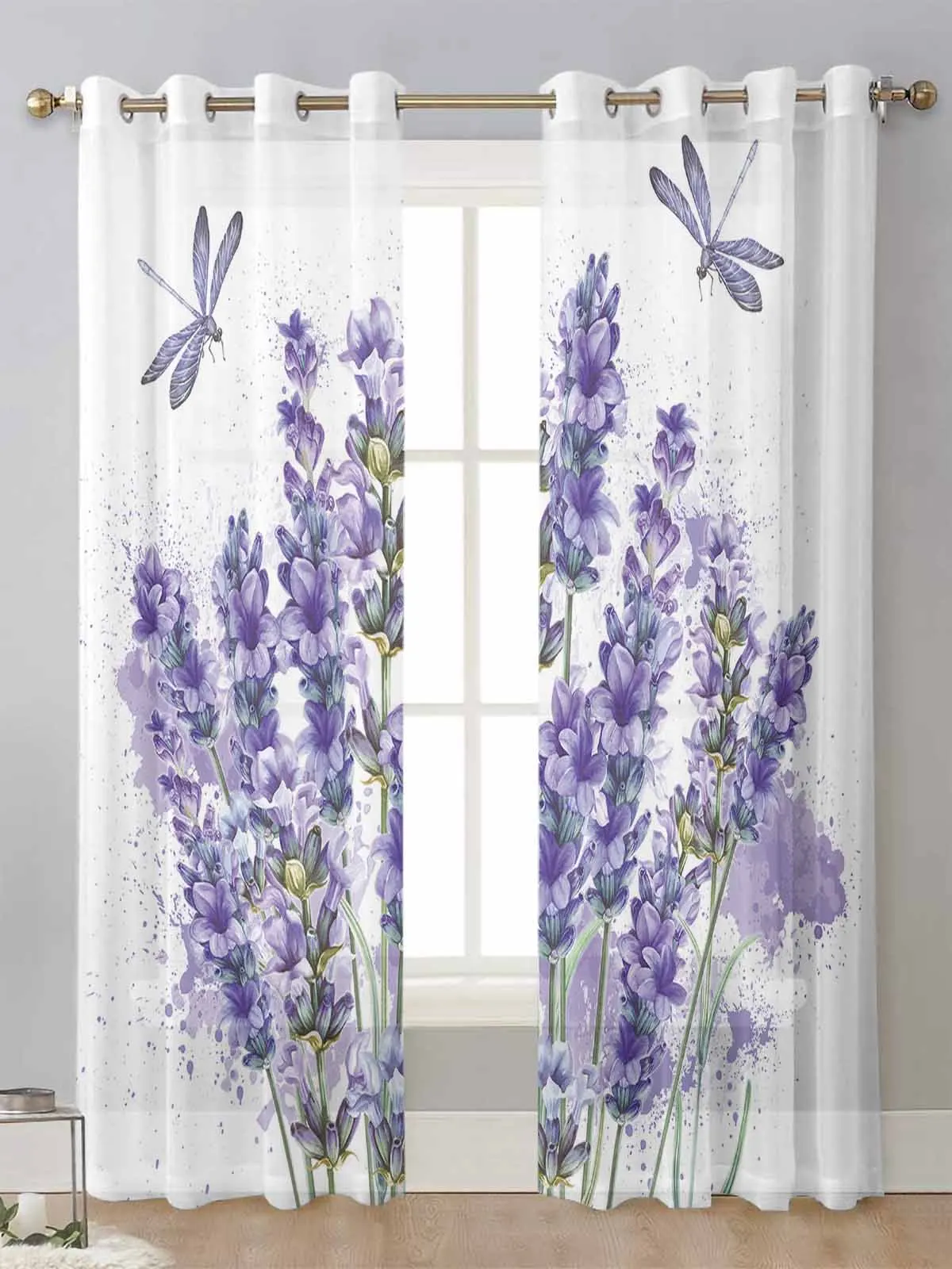 

Purple Flower Lavender Dragonfly White Sheer Curtains For Living Room Window Voile Tulle Curtain Cortinas Drapes Home Decor