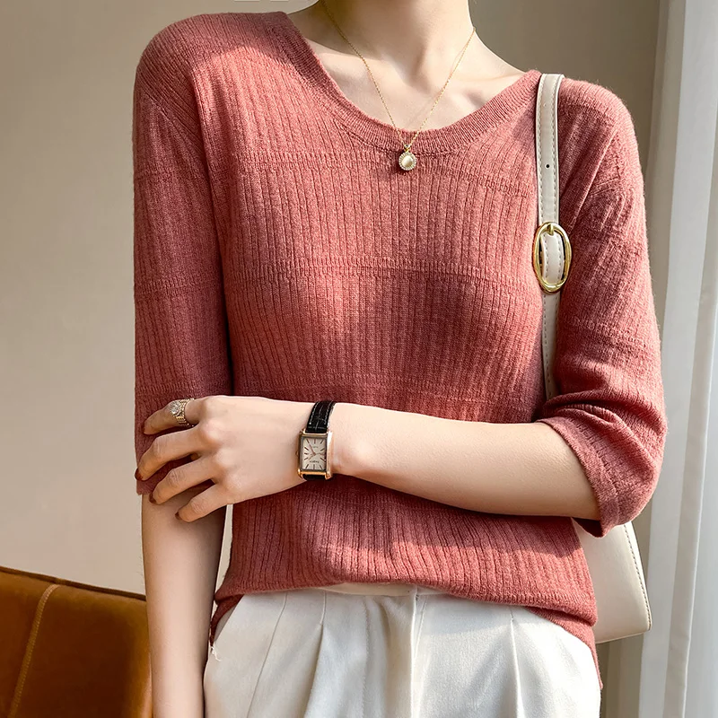 

Women's T-Shirt Spring/Summer New Wool Sweater Short Sleeve Casual Solid Color V-Neck Pullover Loose Ladies Tops Cashmere Tees