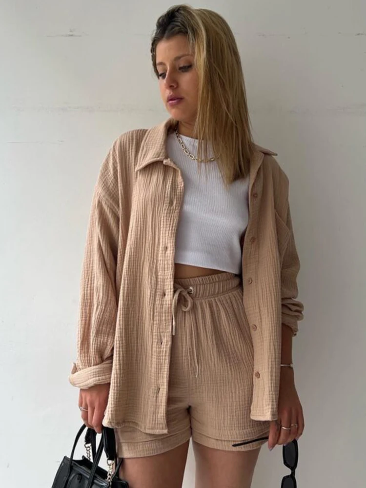 

Fashion Chic Pleated Lapel Shirts Sets Autumn Long Sleeve Blouses With High Waist Shorts Sets Plus Size Loose Women Casual Suits