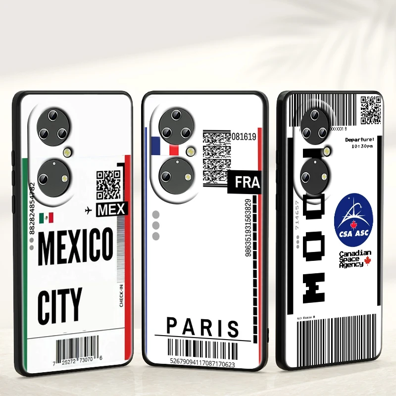 

Travel Ticket Label Barcode For Huawei P50 P40 P30 P20 Pro Plus 5G 2019 E P10 P9 Lite mini 2017 Soft Black Phone Coque Fundas
