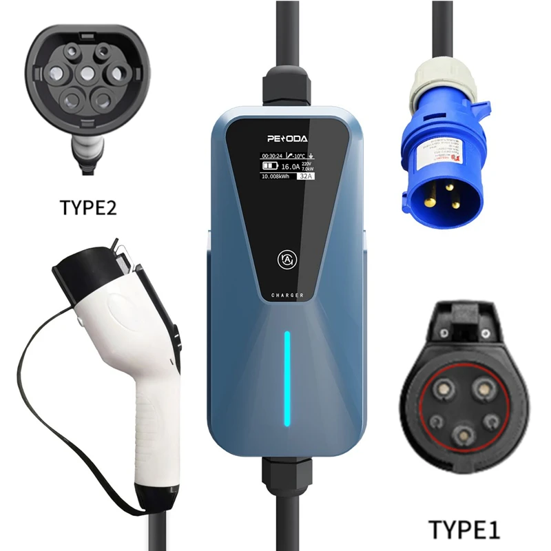 

Type1/Type2 32A 240V 7.68KW Single-Phase Portable EV Charger Adjustable Electric Vehicle Charging Suit For All J1772 EV Car