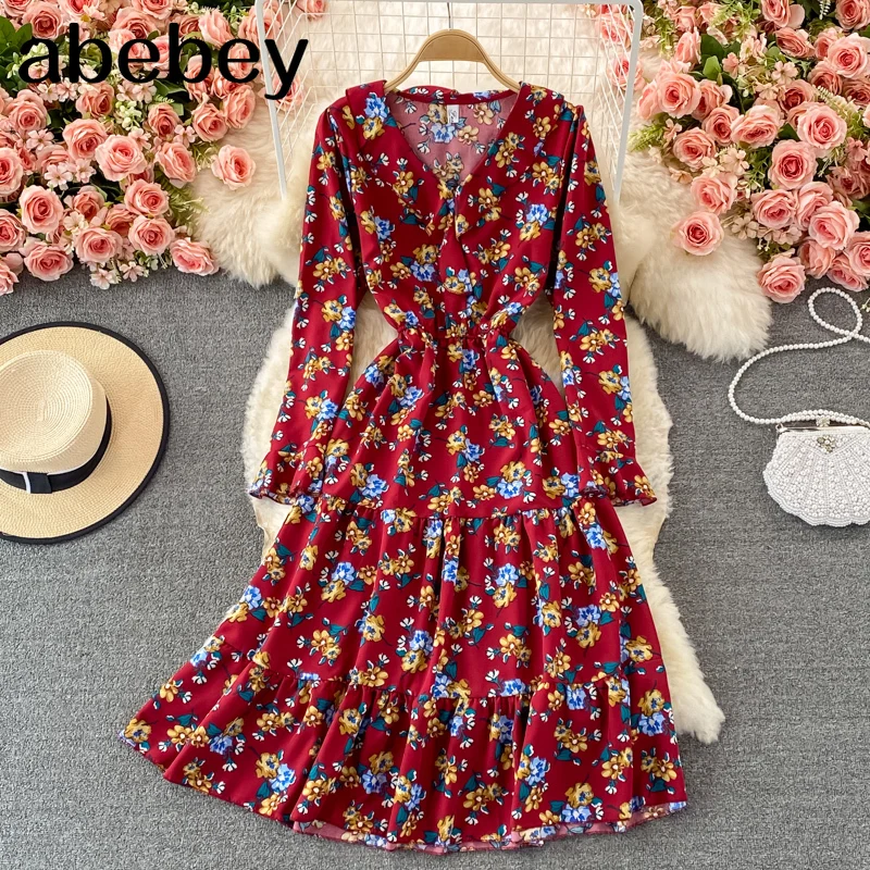 

Women French Floral Dress Elegant Long Sleeve V Neck A-line Dresses 2021 Autumn Bohemian Print Vacation Midi Dress