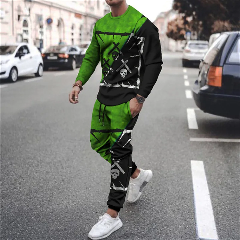 Tracksuit Set Men Long Sleeve T-shirt 2-Piece Street 3D Funny Expression Print Casual Oversized Short Pant Set