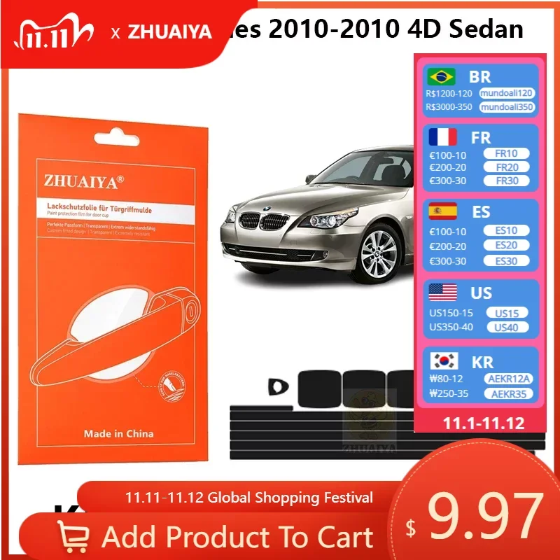 

Защитная пленка ZHUAIYA для красок дверной ручки, ТПУ PPF для BMW 5 серии 2010-2010 4D Седан, автомобильные аксессуары