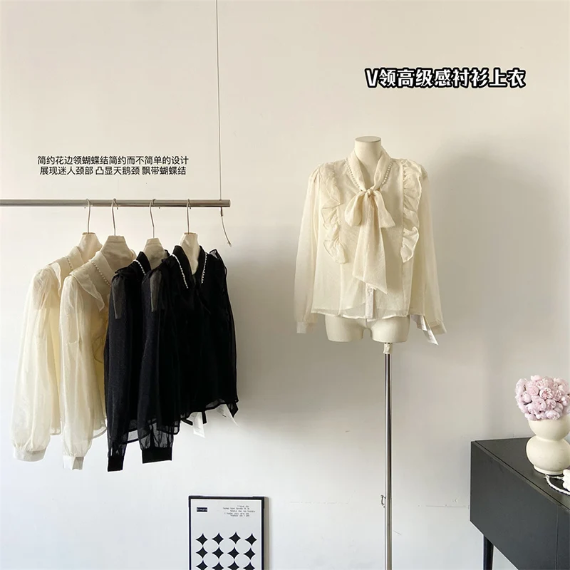 Модная женская рубашка в Корейском стиле однотонная кружевная с