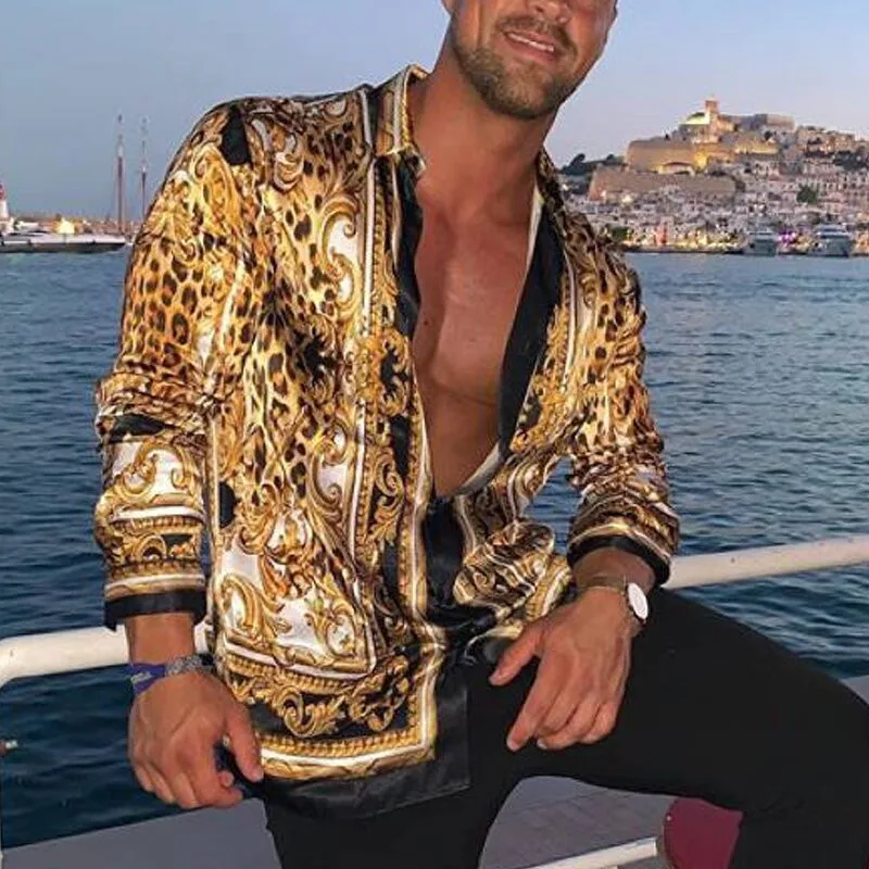 New printing Shirt Luxury Gold Yellow Leopard Clothing Men Loose Long Sleeve Chemise Tops Homme Social Men Club Prom Shirt M-3XL