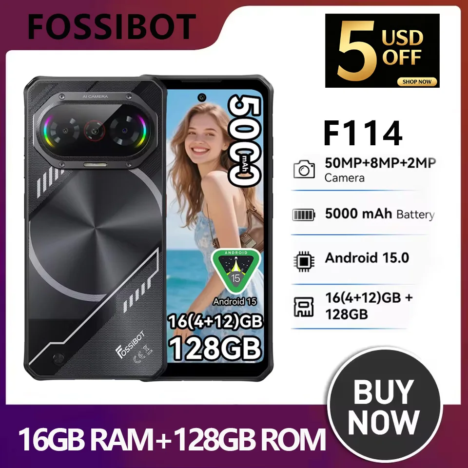 Фото FOSSIBOT F114 Ультратонкий защищенный 4G-смартфон 4 ГБ+128 ГБ, 50 МП AI-камера, 5000 мАч, быстрая зарядка 18 Вт, Android 15, разблокированный мобильный телефон №1