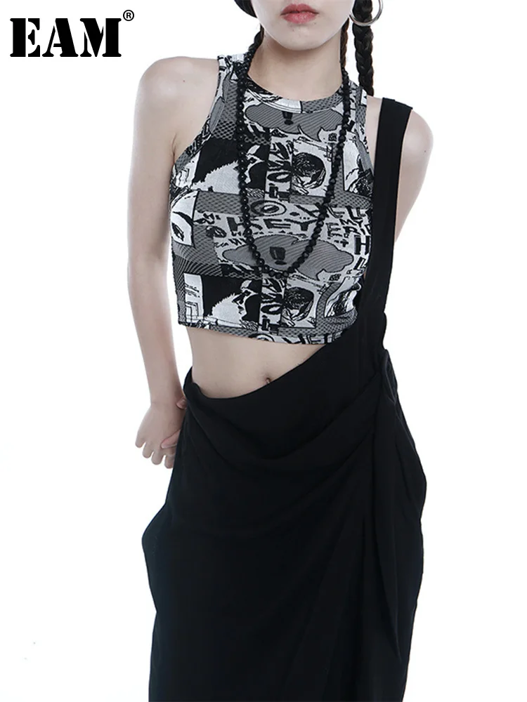 

[EAM] Women Black Pattern Kniting Tank Tops New Round Neck Sleeveless Personality Fashion Tide Spring Summer 2022 1DE7676