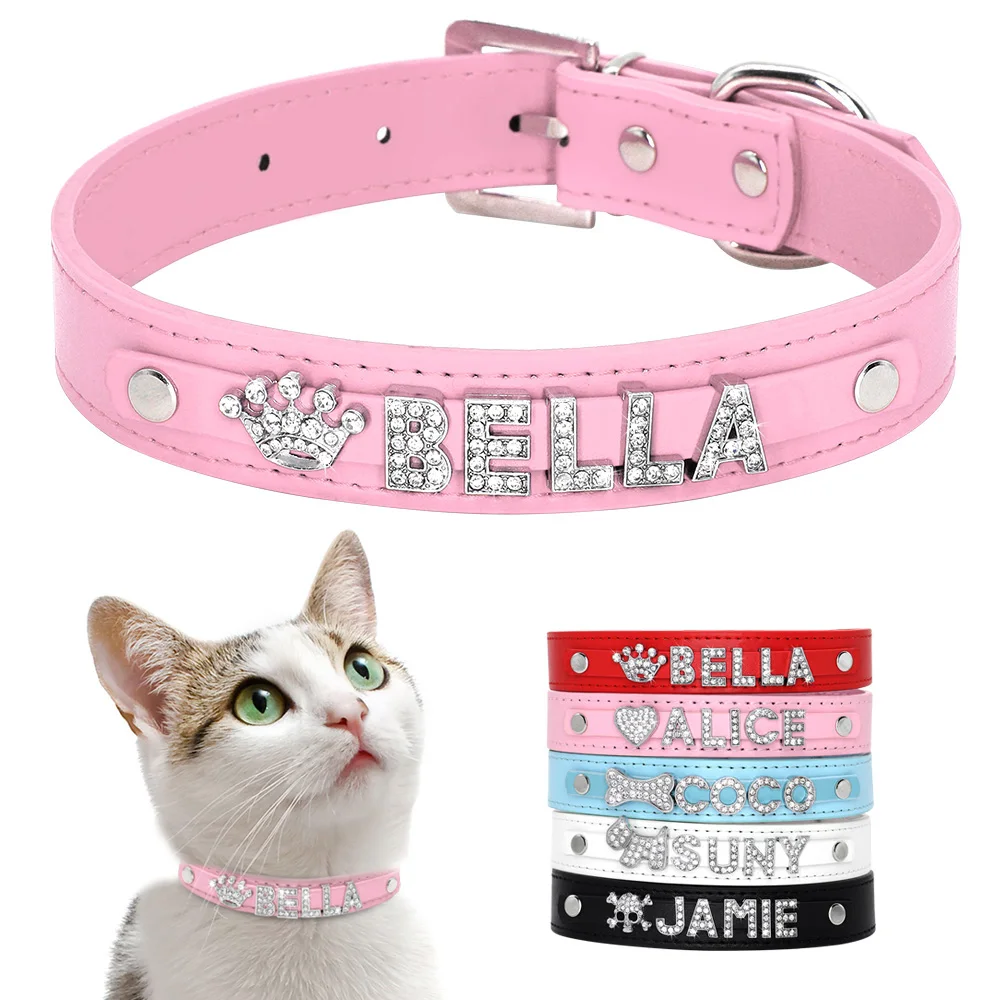 

Personalized PU Leather Puppies Dog Collar Bling Rhinestones Chihuahua Collars Custom Cat ID Collars for Small Medium Large Dogs