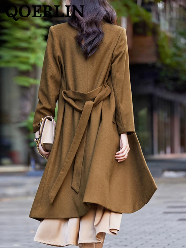 QOERLIN S-4XL Sashes Elegant Coat Women Long Coat Black Winter Clothes Notched Collar Double-Breasted Overcoat Trench Korean