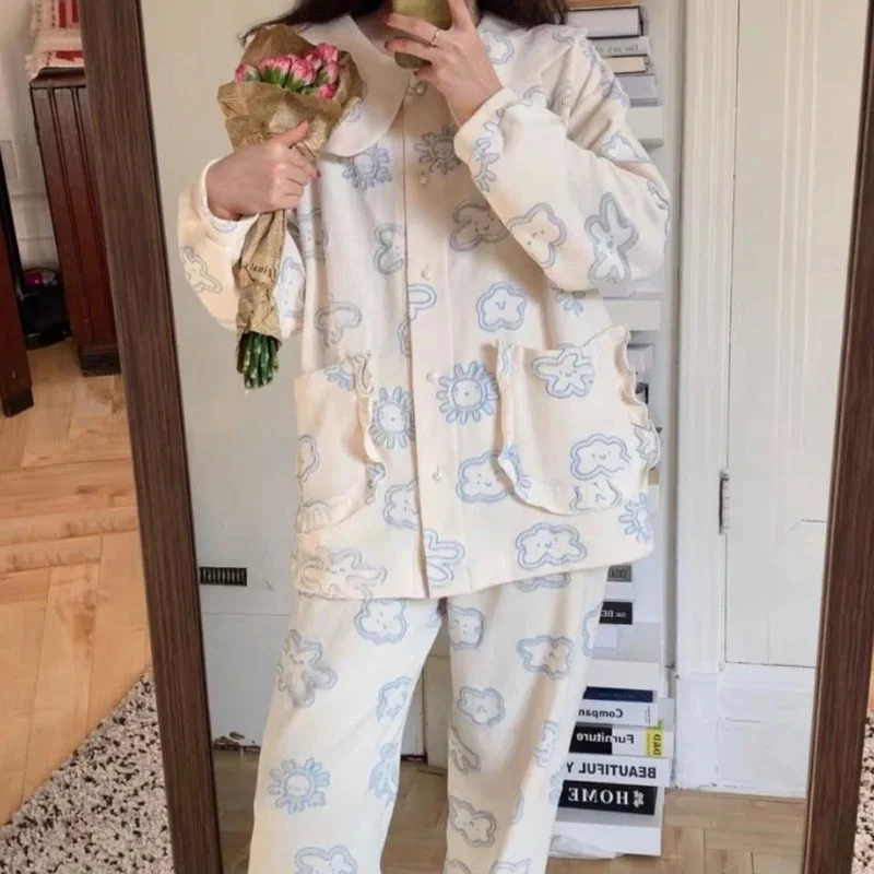 QWEEK Pajama Set Women Spring Autumn Girls Home Clothes Clouds Pijamas Doll Collar Pyjamas Sleepwear Nightwear Ruffles Pocket