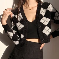 2022 new autumn french preppy style crop cardigan women long sleeve black argyle knitted sweater blusa de frio feminina