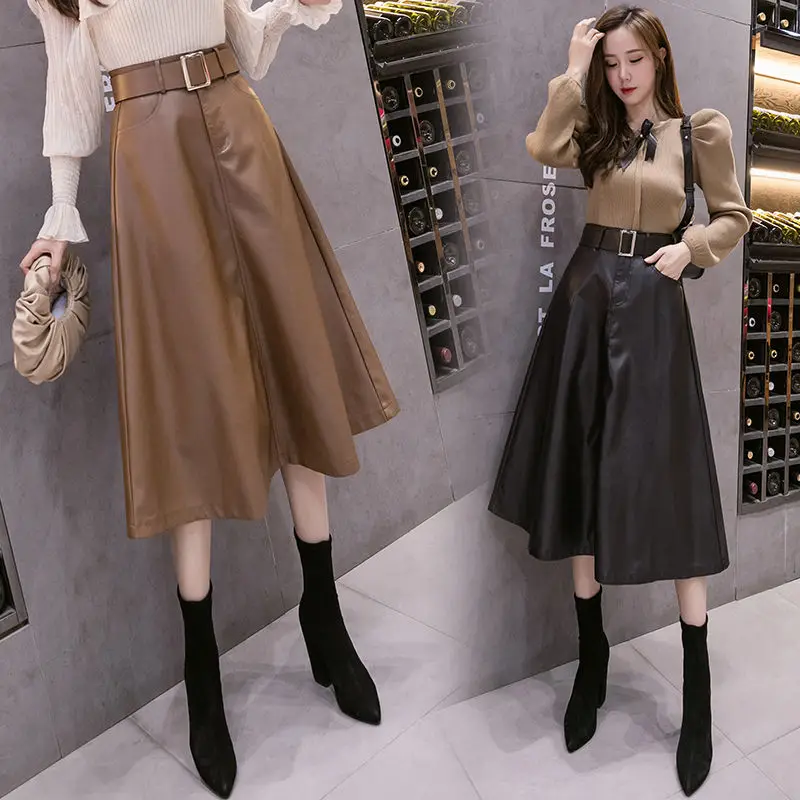 

Vintage Women Latex Belt Long Skirts 2023 New High Waist Zipper Saia Longa Swing Flare Pu Leather Winter A-Line Skirt T410
