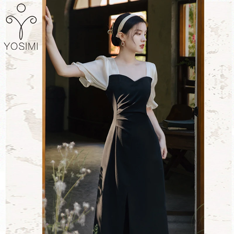 

YOSIMI Black Patchwork White Long Dress 2023 Summer Vintage Strapless Short Sleeve Mid-calf A-line Office Lady Dress For Women