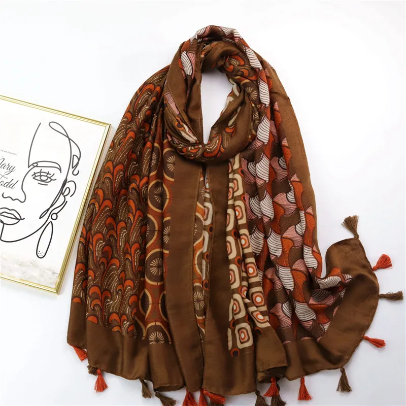 

Autumn Fashion Women Viscose Scarf Aztec Geometric Floral Tassel Hijab Shawls and Wraps Foulard Echarpe Muslim Sjaal 180*90Cm