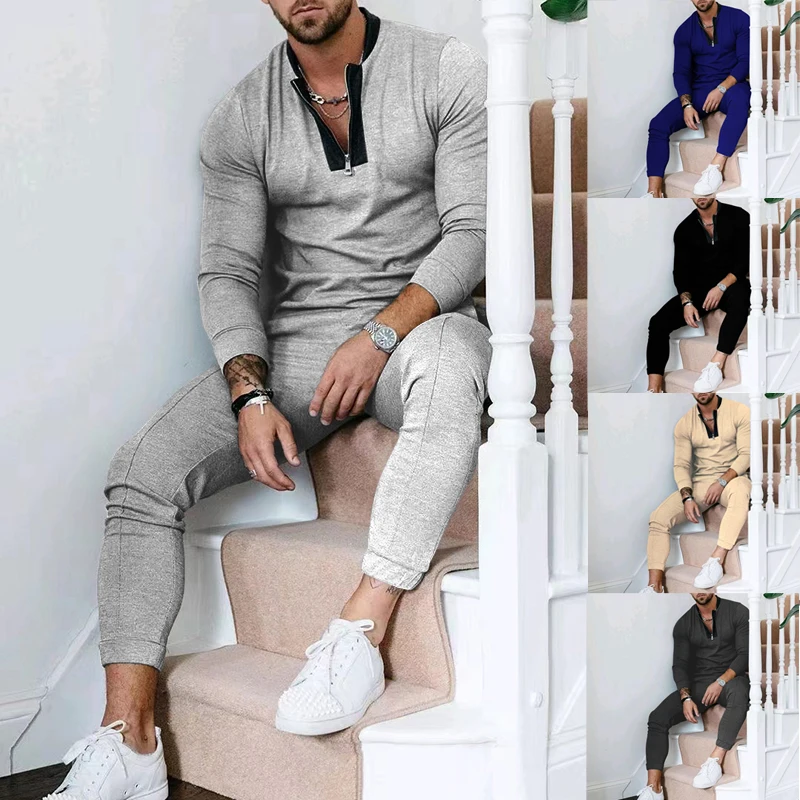 Men's Spring and Autumn New Trend Solid Round Neck Elastic Belt T-shirt Men's Casual Fashion Sportswear