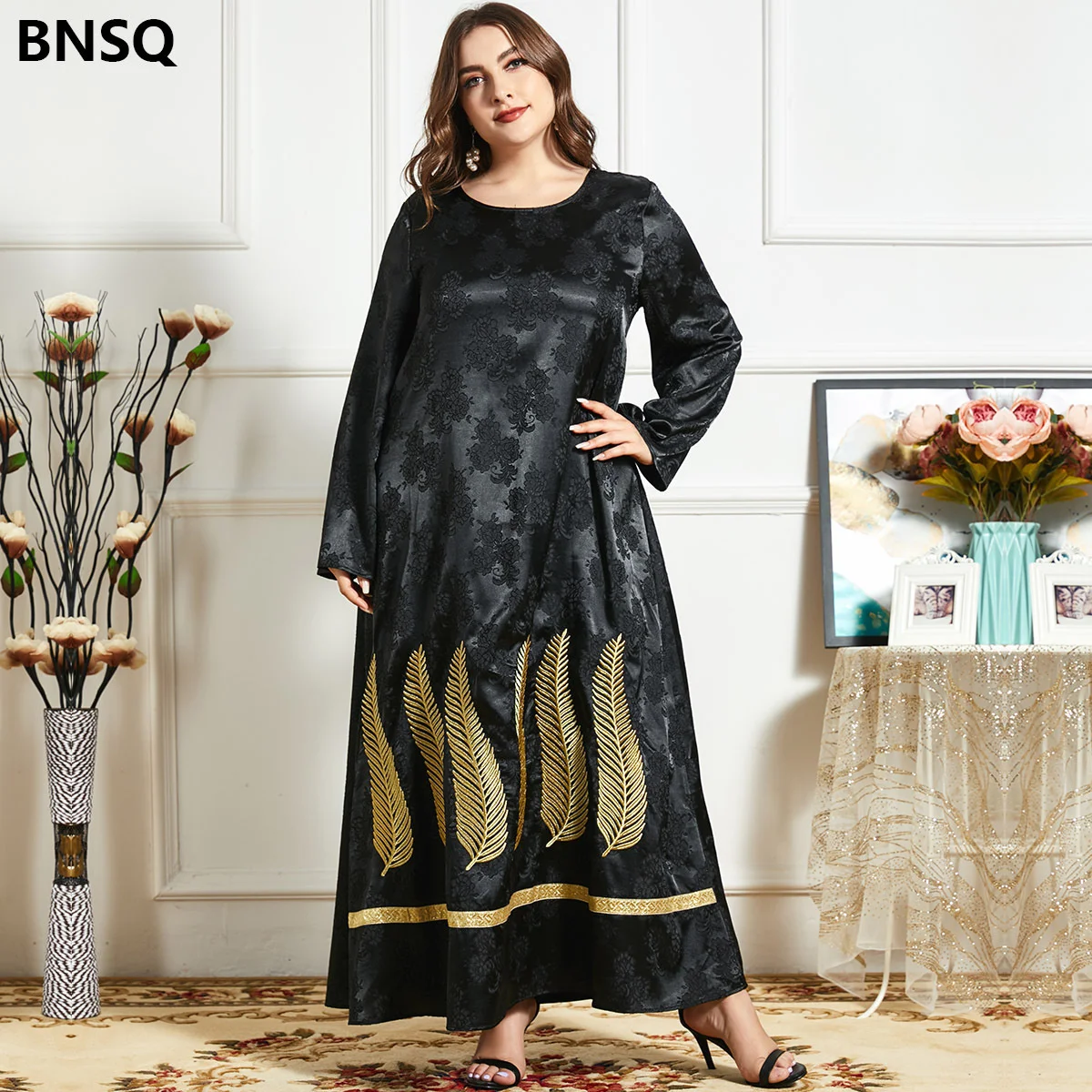 

Muslin Dress Abaya For Women Black Embroidered Long Sleeve Arab Casual Jacquard Large Hem Long Skirt Fashion Female Clothing