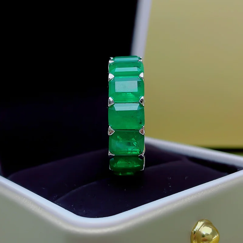 

New S925 Silver 5*7 Rectangular Emerald Full Diamond Row Ring Cut Diamond Ring Ring