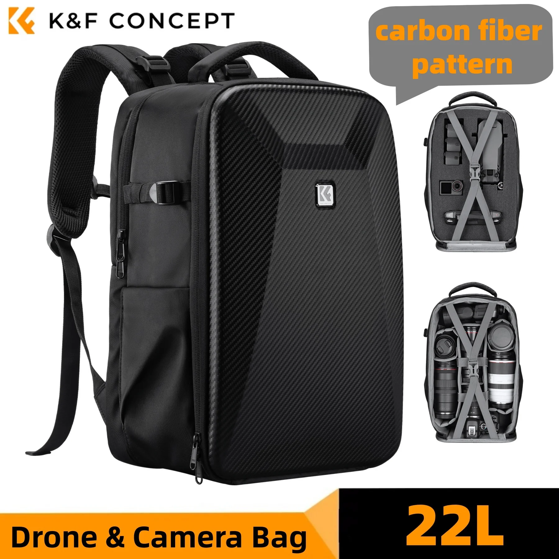 Фото K&F CONCEPT 22L Сумка для дрона с текстурой карбона, жесткий водонепроницаемый чехол для фотокамеры DSLR/SLR, сумка для DJI Neo 2. №1