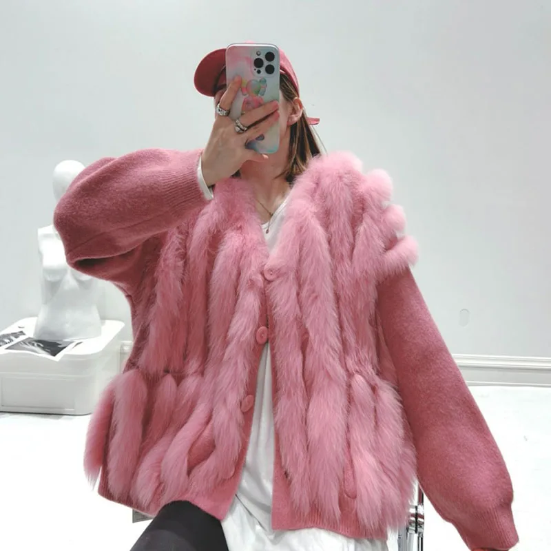 

Женская Свободная трикотажная куртка из натурального меха, с длинным рукавом