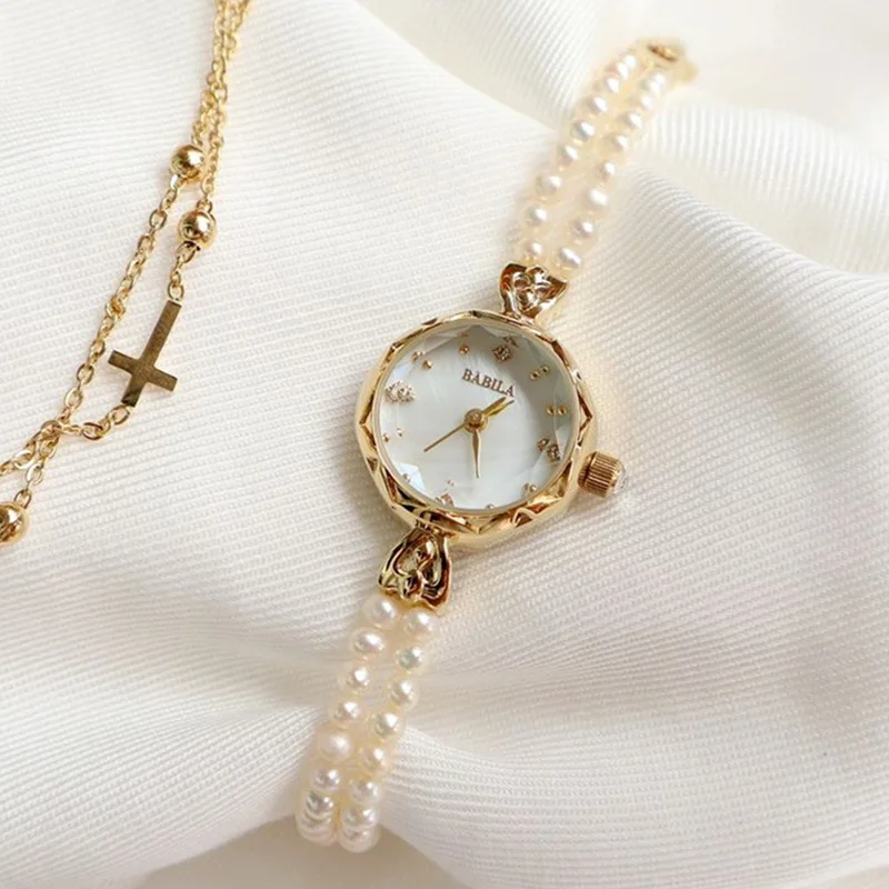 Natural Pearl Bead Bangle Clock Copper 24 k Gold Quartz Women Watch Bracelet Shell Dial Japanese Waterproof Ladies Wristwatch