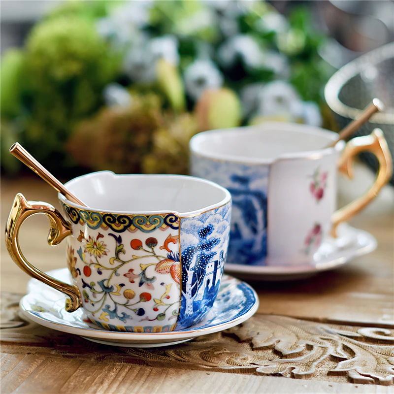 Ceramic Coffee Cup Saucer Chinese Style Matching Tea Cup Set Blue White Porcelain Handle Cup tea cup A set [a cup and a dish]