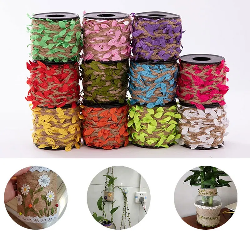 

10M/Roll Natural Jute Twine Rope Burlap Leaf Ribbon with Artificial Vine Green Leaves for DIY Wedding Home Garden Party Decor