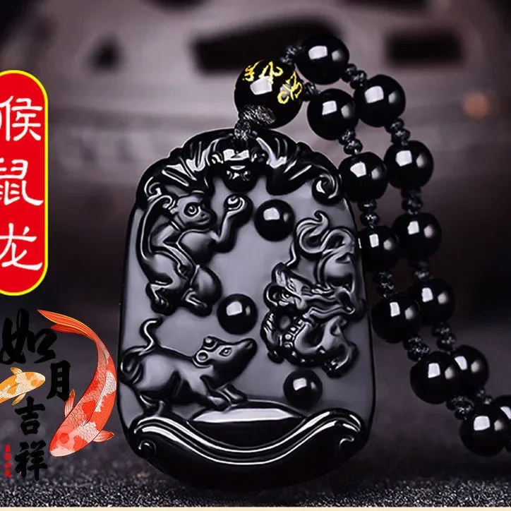 Кулон-Амулет из природного черного обсидиана с китайским зодиаком ручная работа