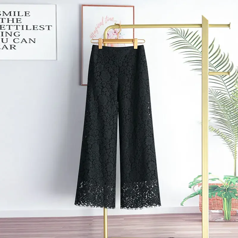 Кружевные широкие брюки Капри с высокой талией весна-лето новые кружевные