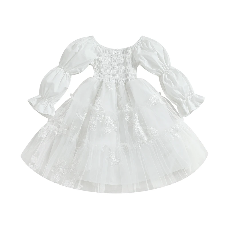 

Детское длинное Тюлевое платье для девочек, Сетчатое платье принцессы с оборками и пышными длинными рукавами-бабочками, яркое платье, одежда для малышей на весну и осень