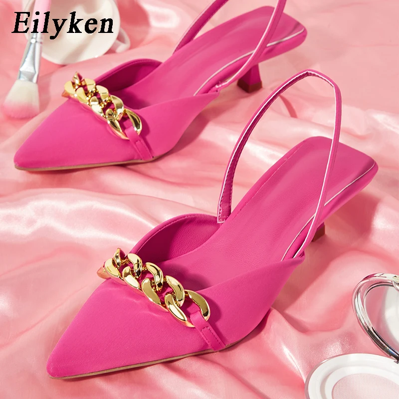 

Eilyken 2022 Sexy Pointed Toe Low Heel Sandals Fashion Metal Decoration New Design Solid Color Slip-On Women Leisure Pump Shoes