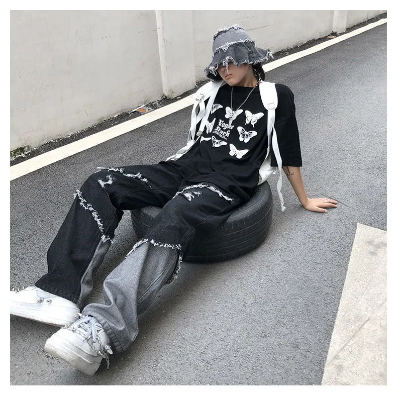 Splicing Men's Jeans Women's Pants Youth Flanging Trendyol 2022 Trends Clothes Casual Printed Man Trousers Streetwear Baggy