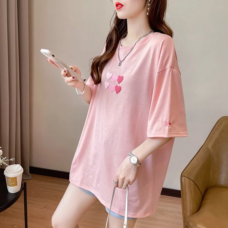 

GAODINGLAN Summer Harajuku Love Print Short Sleeve Women T-shirts Tide Large Size Cotton Tops Female Lazy Style Loose Long Tees