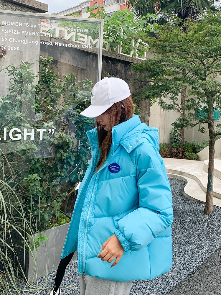 Korean Style Winter Jacket For Women Hooded Oversize Loose Puffer Parka Warm Thicken Coat Fashion Solid Color White Black Blue