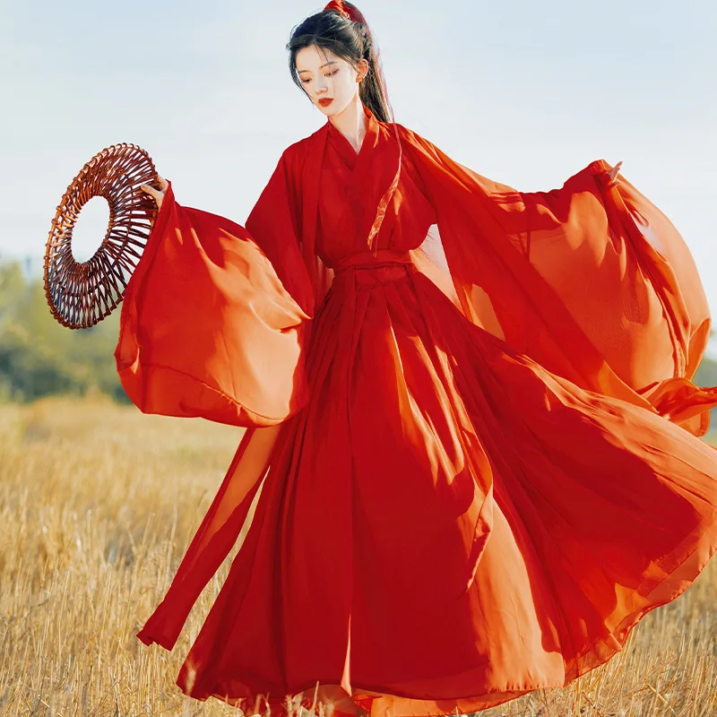 Красный Элегантный женский однотонный костюм Hanfu YF35 подходит для всех боевых