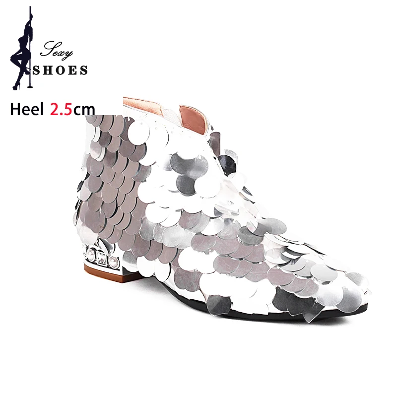 Женские ботильоны на низком каблуке женские блестящие Ботинки с блестками и