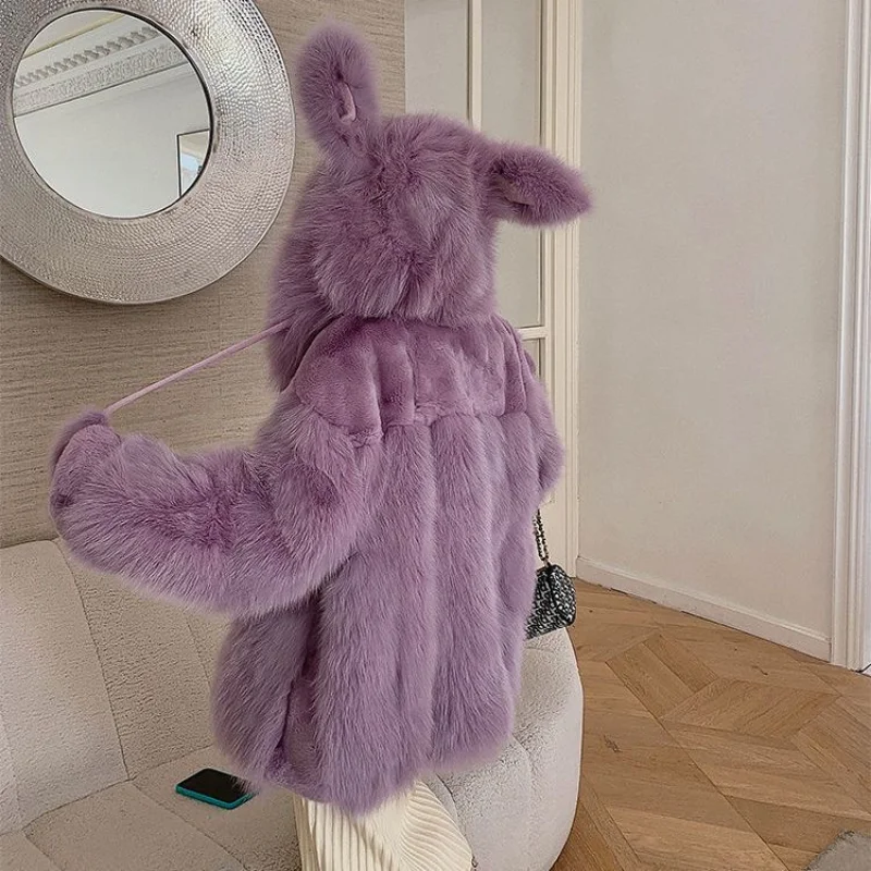 y2k faux fox fur coat female hooded otter rabbit loose cute ladies winter coat net red white purple khaki XL fur coat female