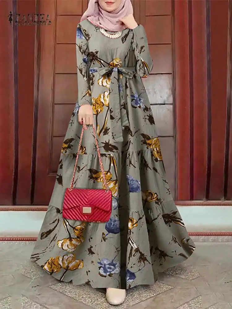 Платье ZANZEA мусульманское с цветочным принтом, Модный повседневный многоярусный сарафан с О-образным вырезом и длинным рукавом, Абая в стиле...